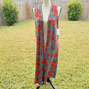 LuLaRoe JOY Medium Sleeveless Cover-up Duster Long Vest Red Roses Flower
